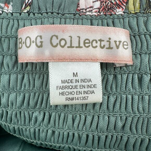 BOG Collective Crop Top SZ M Sage Blush Smocked Floral Ruffle Hem Ruched Stretch - Picture 7 of 9